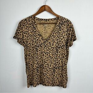 J CREW Women Slub Cotton Tee V Neck T-Shirt Leopard Animal Print Size M